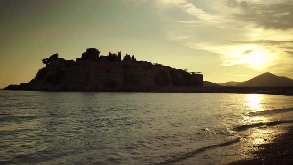 Sveti Stefan Is a Tourist Town By the Sea. Montenegro. Evening