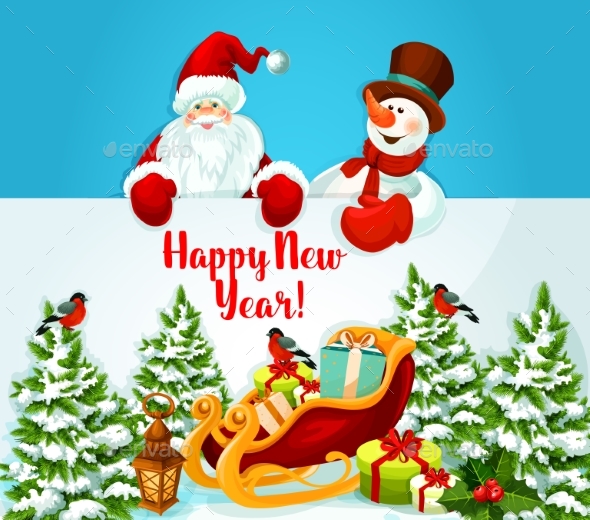 New Year Card with Santa Claus, Snowman and Gift
