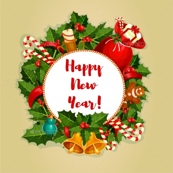 New Year Round Poster with Decorations