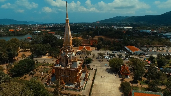 Aerial: Chalong Temple on Phuket Island.