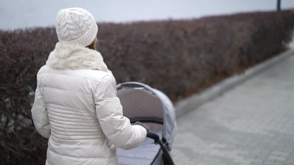 Young Mother Walking with a Child in Pram. Autumn Season