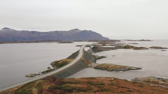 Scenic View Of The Storseisundet Bridge In Lofoten Islands Norway - aerial shot