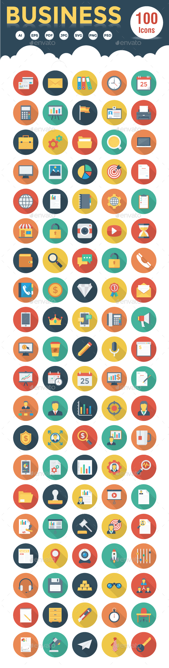 100 Business Flat Circle Shadow Icons