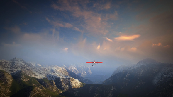 Little Red Airplane Flying Over Mountains