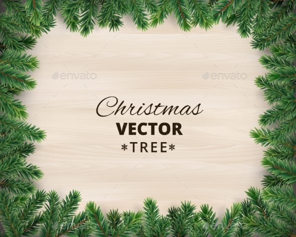 Christmas Tree Branches on Wooden Background