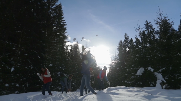 People Group Snow Forest Young Friends Having Fun Playing Snowballs Outdoor Winter Pine Woods