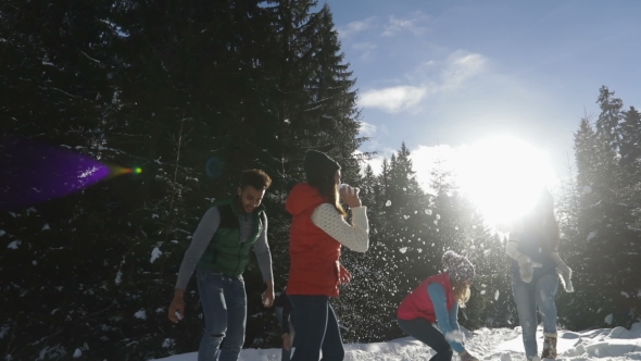 People Group Snow Forest Young Friends Having Fun Playing Snowballs Outdoor Winter Pine Woods