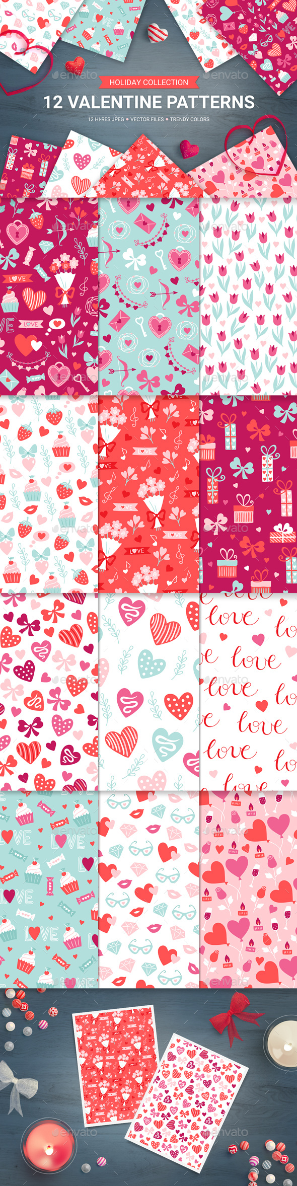 12 Valentine Seamless Patterns