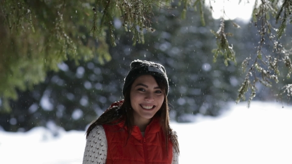 Asian Woman Snow Forest Young Girl Having Fun Outdoor Winter Pine Woods