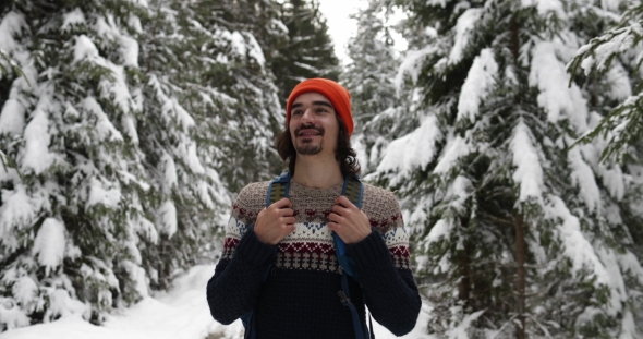 Man Hiker Walking Snow Winter Forest Traveler Guy Trekking