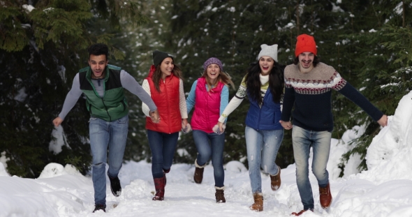 People Group Snow Forest Happy Smiling Young Friends Running Outdoor Winter Pine Woods