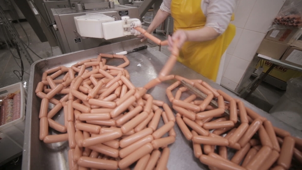 Production of Sausages. Worker Operates Meat Processing Equipment at a Meat Processing Factory.
