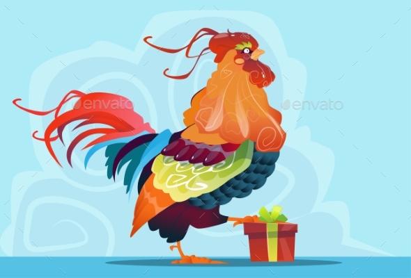 Cartoon Rooster With Present Box Happy New Year