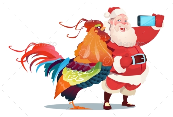 Cartoon Rooster And Santa Clause Making Selfie