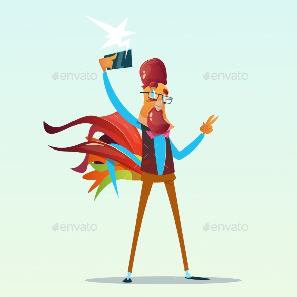 Cartoon Rooster Hipster Making Selfie Photo