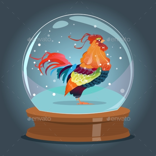 Cartoon Rooster Inside Glass Ball Happy New Year
