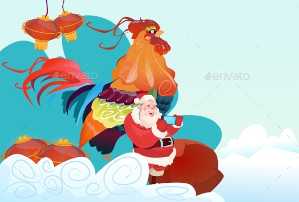 Happy New 2017 Year Rooster With Santa Clause