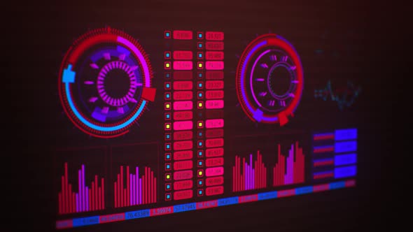 Advanced futuristic graphic interface. Displays abstract diagrams and charts.