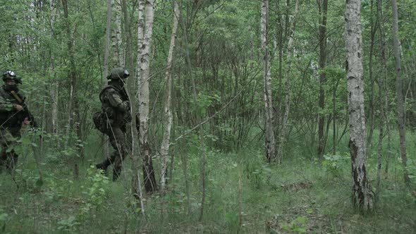 Soldiers in Camouflage with Assault Rifle Walking Through the Forest Military Action in the Woods