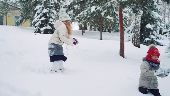 Child play outdoors in snow. Outdoor fun for family Christmas vacation.