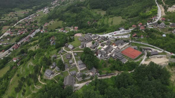 Aerial View of Mokra Gora, Mecavnik Hill and Drvengrad Village, Serbia, Drone Shot