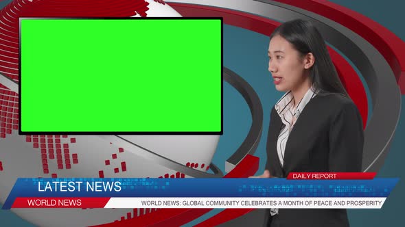 News Studio With Asian Female Anchor And Green Screen Television Reporting On The Events Of The Day