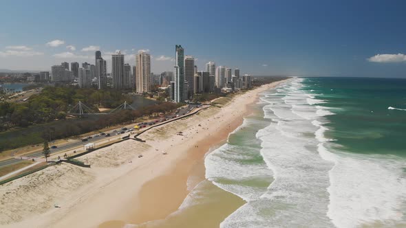 Surfers Paradise beach from aerial drone perspective, Gold Coast, Queensland, Australia