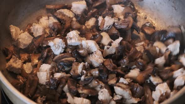 Mushrooms are Fried in a Pan in the Home Kitchen Cooking Mushrooms Julienne