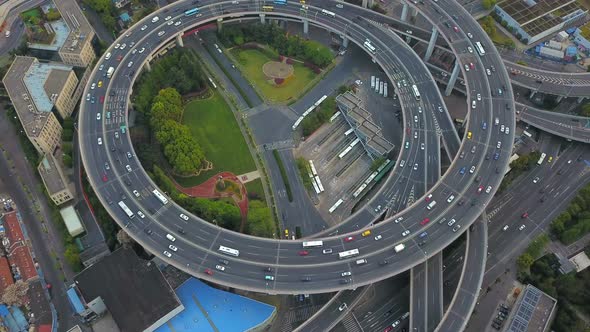 Aerial view of roundabout of Nanpu Bridge, Shanghai Downtown, China.