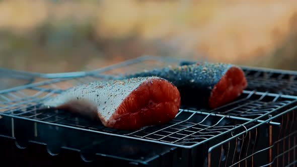 Bbq Fish.Salmon On Grill.Grilled Fish.Steak Of Fresh Fish Is Fried Grill.Trout Being Grilled.