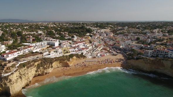 Aerial. Flight Above the Beach Town of Carvoeiro.