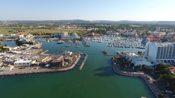 Flying Over the Entrance To the Seaport with Yachts, the Entrance To the Marina of Vilamoura.