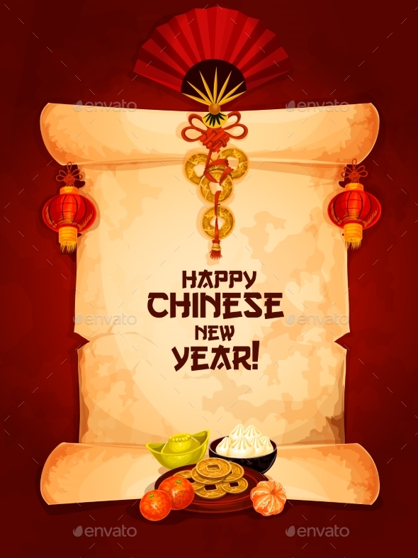 Chinese New Year Greeting Card on Paper Scroll