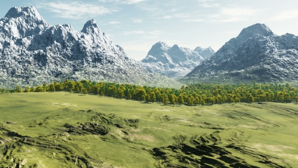 Green Valley and Mountain in Snow