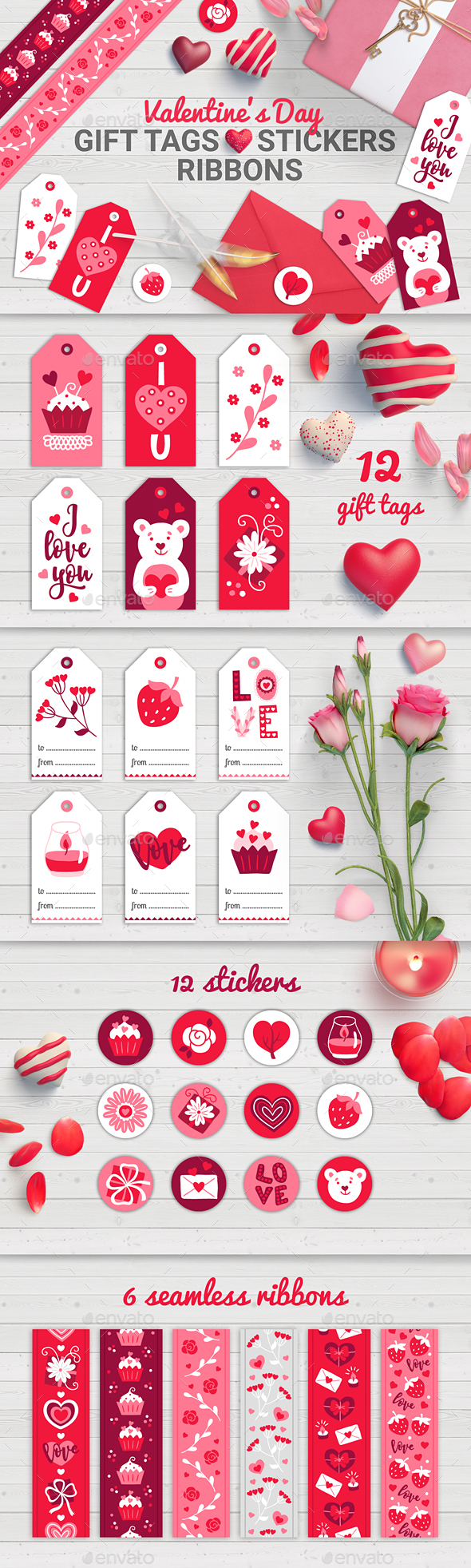 Valentine Gift Tags, Stickers, Ribbons