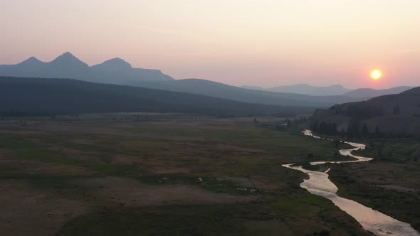 Sunset Above Valley Creek in Stanley, Idaho - Summer - Aerial Tracking