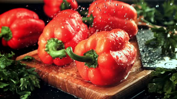 Drops of Water Fall on the Sweet Pepper and Parsley