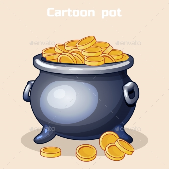 Cartoon Metal Pot Filled with Gold Coins