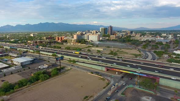 Wide revealing drone shot  of downtown Tucson Arizona