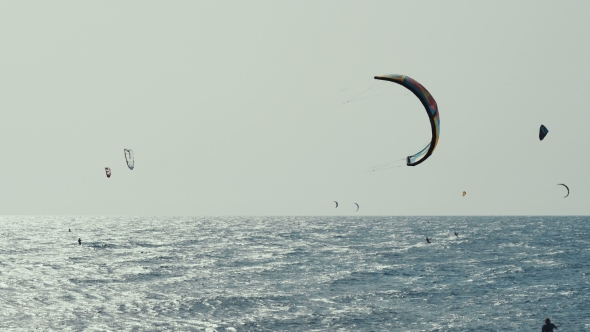 Kite Surfing in Atlantic Ocean, Extreme Summer Sport. Canary Islands