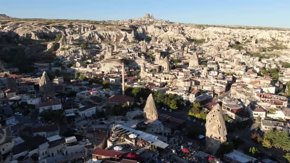 Flying over Goreme City in Cappadocia, Turkey