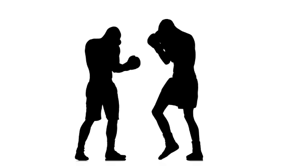 Tired Opponent Enters the Boxer To Clinch. Black Silhouette