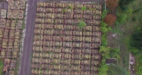Aerial Top View Above Destroyed Military Tanks, Drone View Many Abandoned Tanks