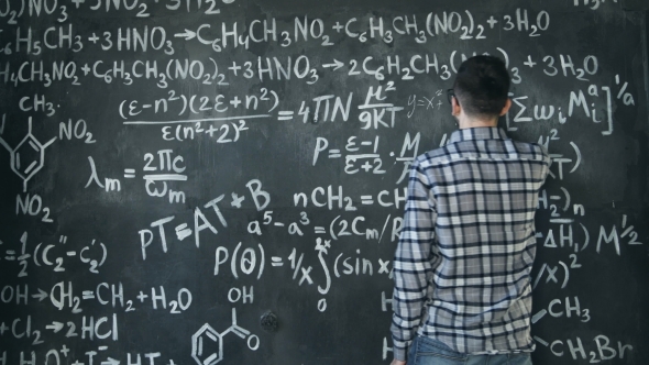 Young Scientist Man Write Chock in Chemical and Mathematical Equations Wall Room Interior alt