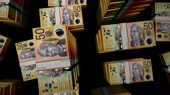 Flight over the Australian Dollar money banknote packs loop