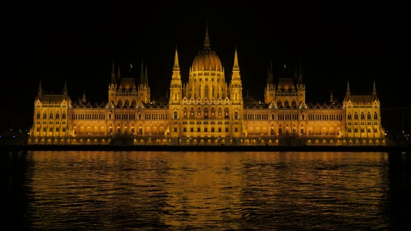 Hungarian national dome building by the night Budapest 4K 2160p 30fps UltraHD video - Parliament bui