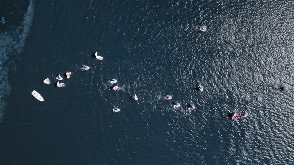 Top down view of regatta of boats on the lake