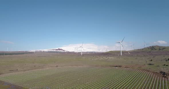Aerial view of wind turbine farm near a vineyard, Golan Heights, Israel.
