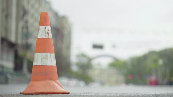 Police Cone on the Road. Place of Accident. Transport. Road Traffic. Sign. Kyiv.