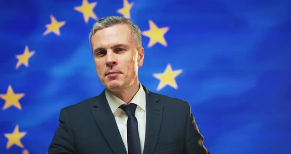 Successful Politician Giving Promises Against European Flag